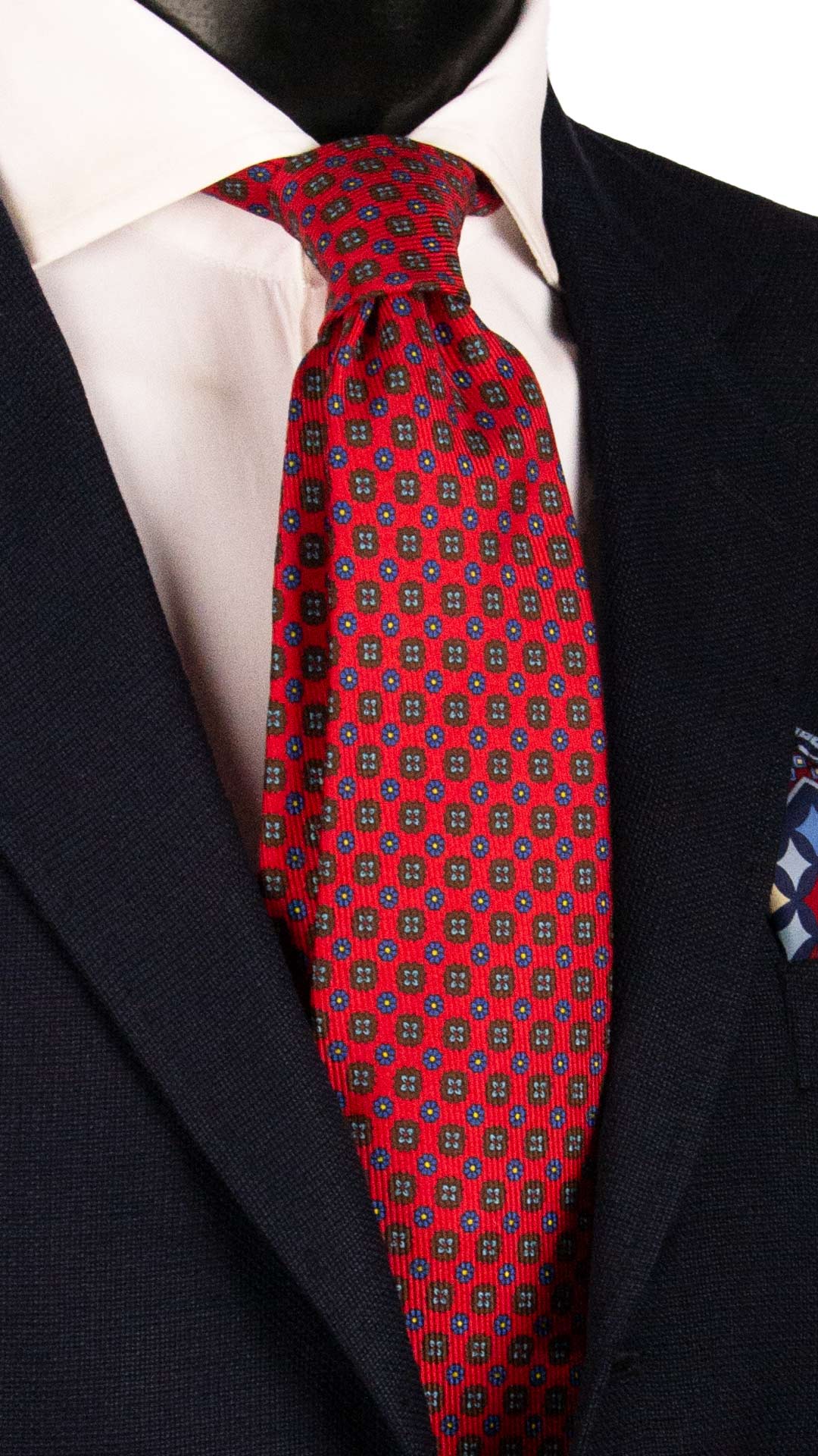 Cravatta in Saia di Seta Rosso Corallo a Fiori Blu Marrone Gialli SA85 Made in Italy Graffeo Cravatte