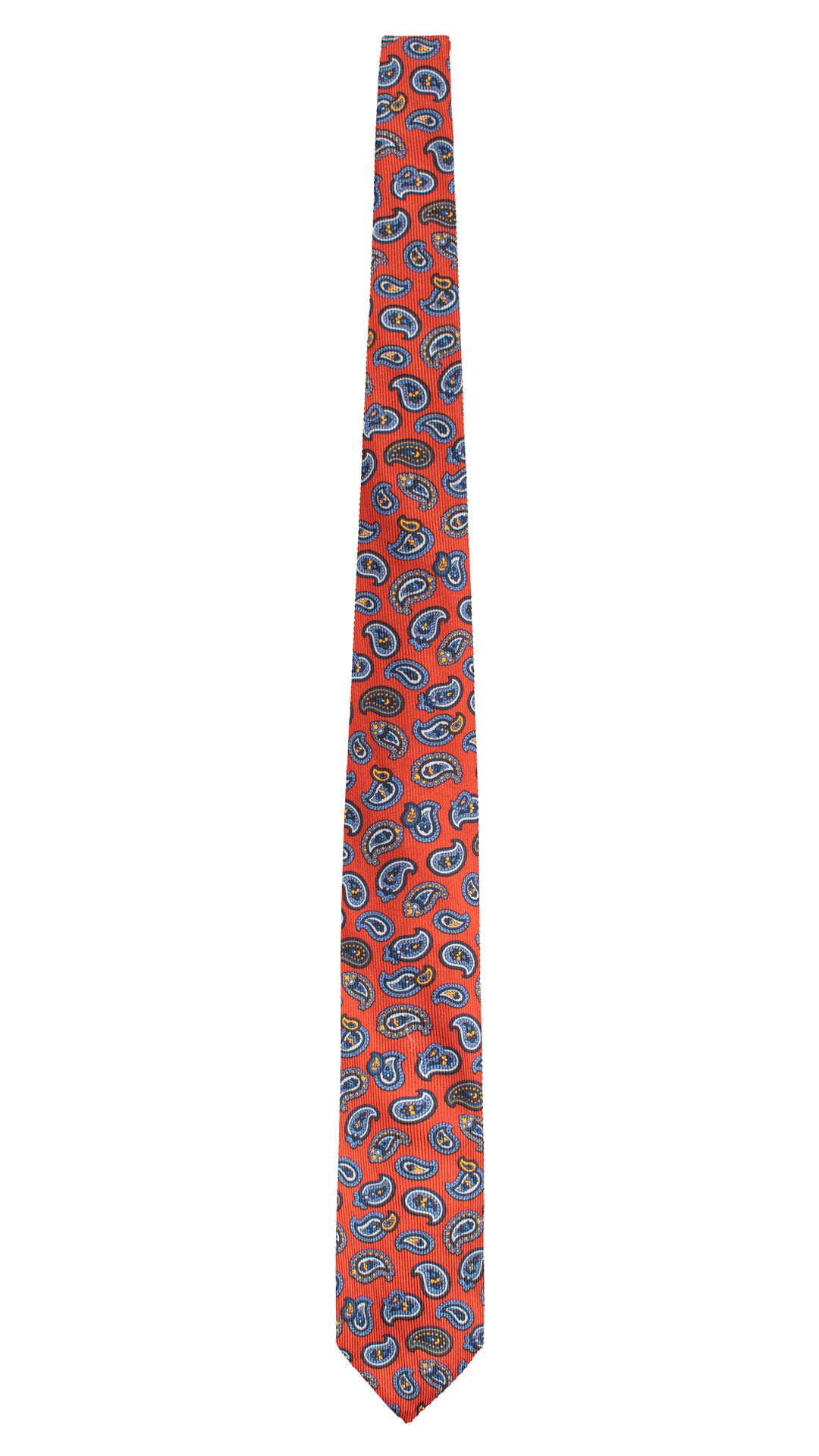 Cravatta in Saia di Seta Rosso Mattone Paisley Celeste Blu Giallo SA40 Made in Italy Graffeo Cravatte Intera