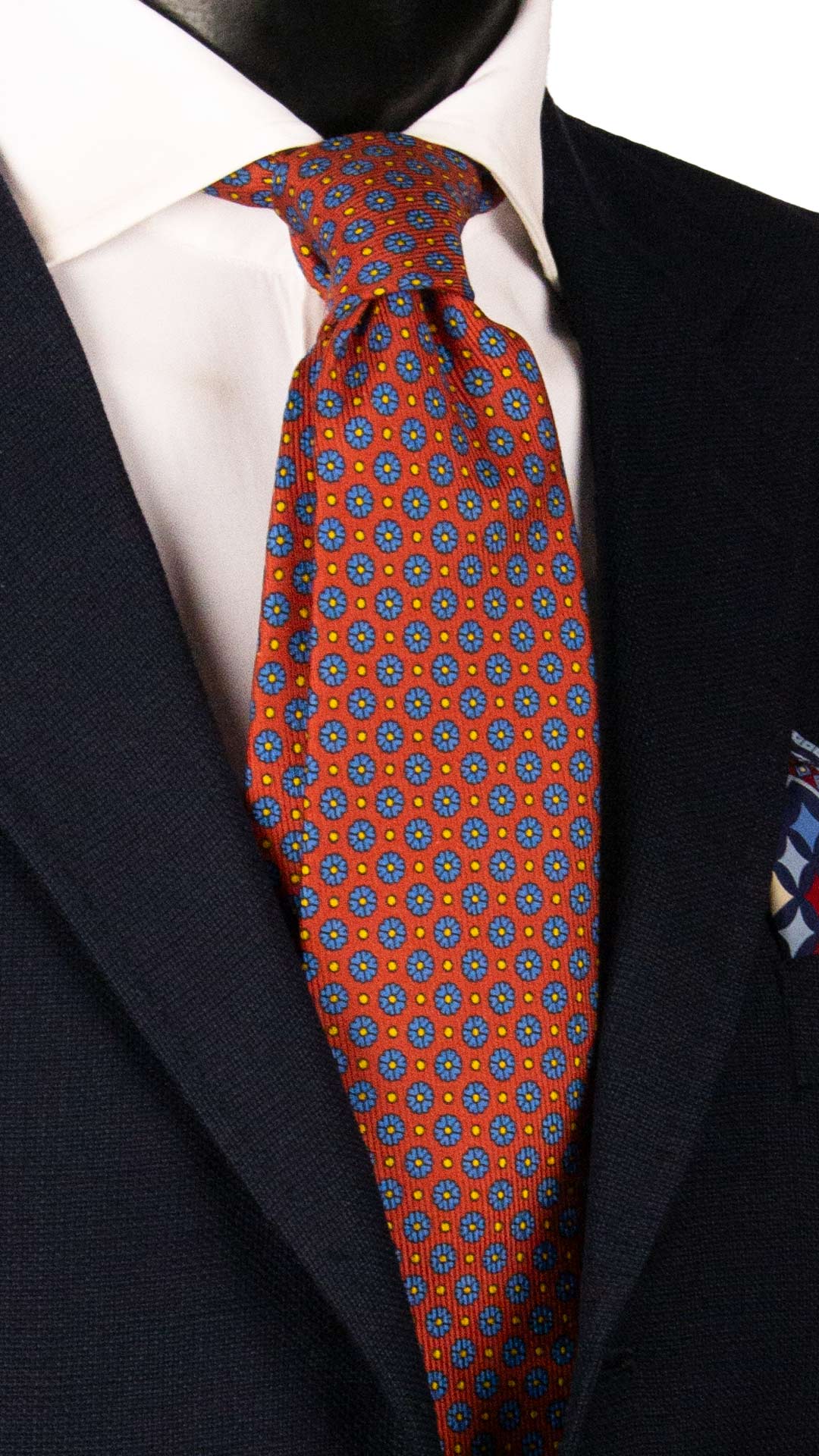 Cravatta in Saia di Seta Rosso Mattone a Fiori Celesti Gialli SA82 Made  in Italy Graffeo Cravatte