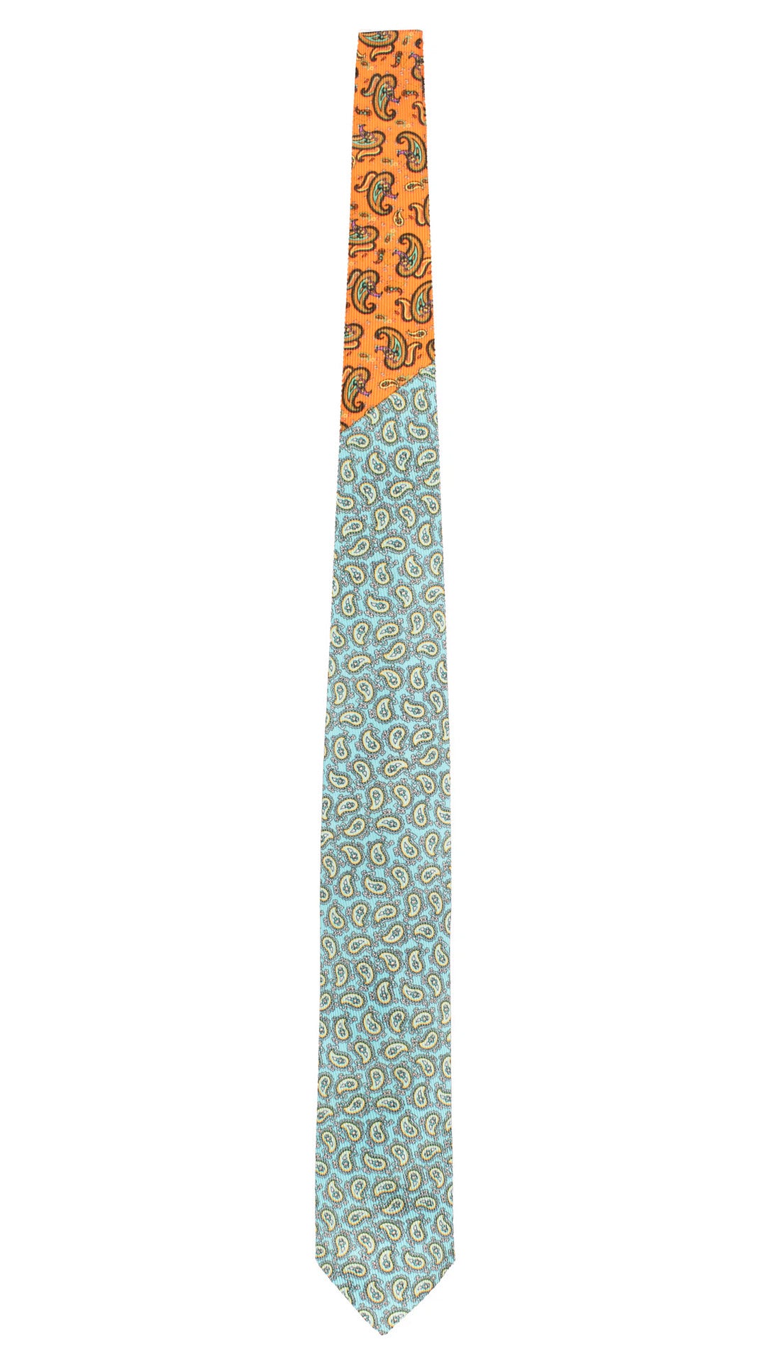 Cravatta in Saia di Seta Verde Acqua Paisley Grigio Giallo Nodo in Contrasto Arancione Paisley Multicolor N3489 Made in Italy Graffeo Cravatte Intera