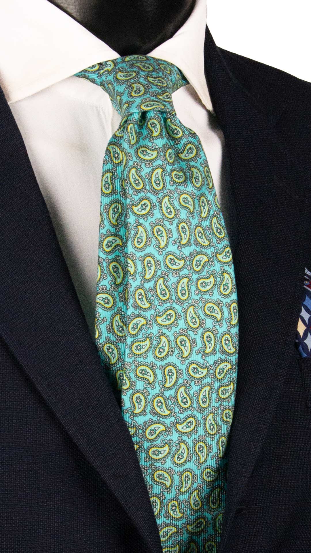 Cravatta in Saia di Seta Verde Acqua Paisley Grigio Giallo SA24 Made in Italy Graffeo Cravatte