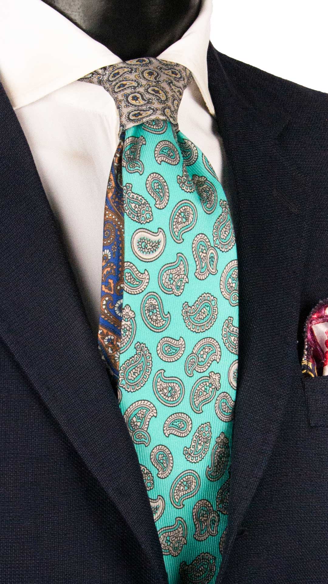 Cravatta in Saia di Seta Verde Acqua Paisley Grigio Nodo in Contrasto Grigio Paisley Multicolor N3468 Made in Italy Graffeo Cravatte