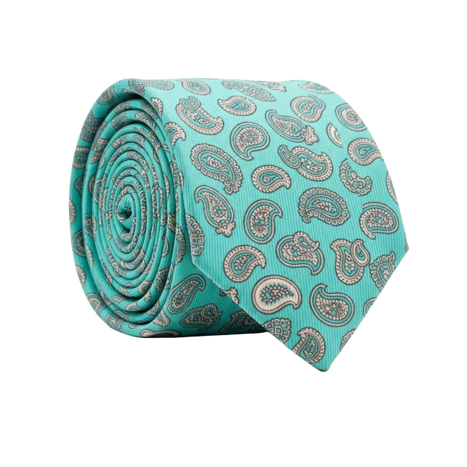 Cravatta in Saia di Seta Verde Acqua Paisley Tono su Tono Grigio Argento SA38 Made in Italy Graffeo Cravatte Rotolo