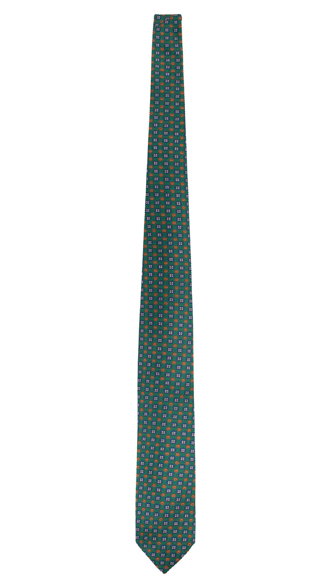 Cravatta in Saia di Seta Verde Bottiglia a Fiori Blu Bianchi Arancione SA87 Made in Italy Graffeo Cravatte Intera