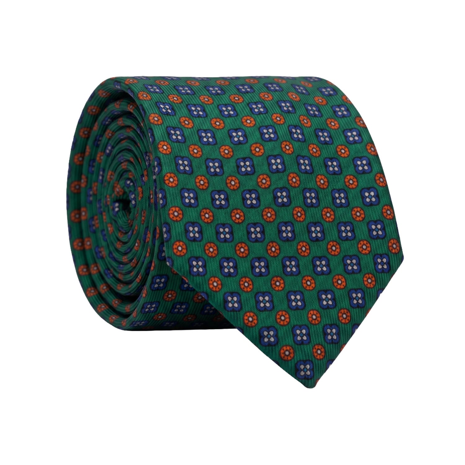 Cravatta in Saia di Seta Verde Bottiglia a Fiori Blu Bianchi Arancione SA87 Made in Italy Graffeo Cravatte Rotolo