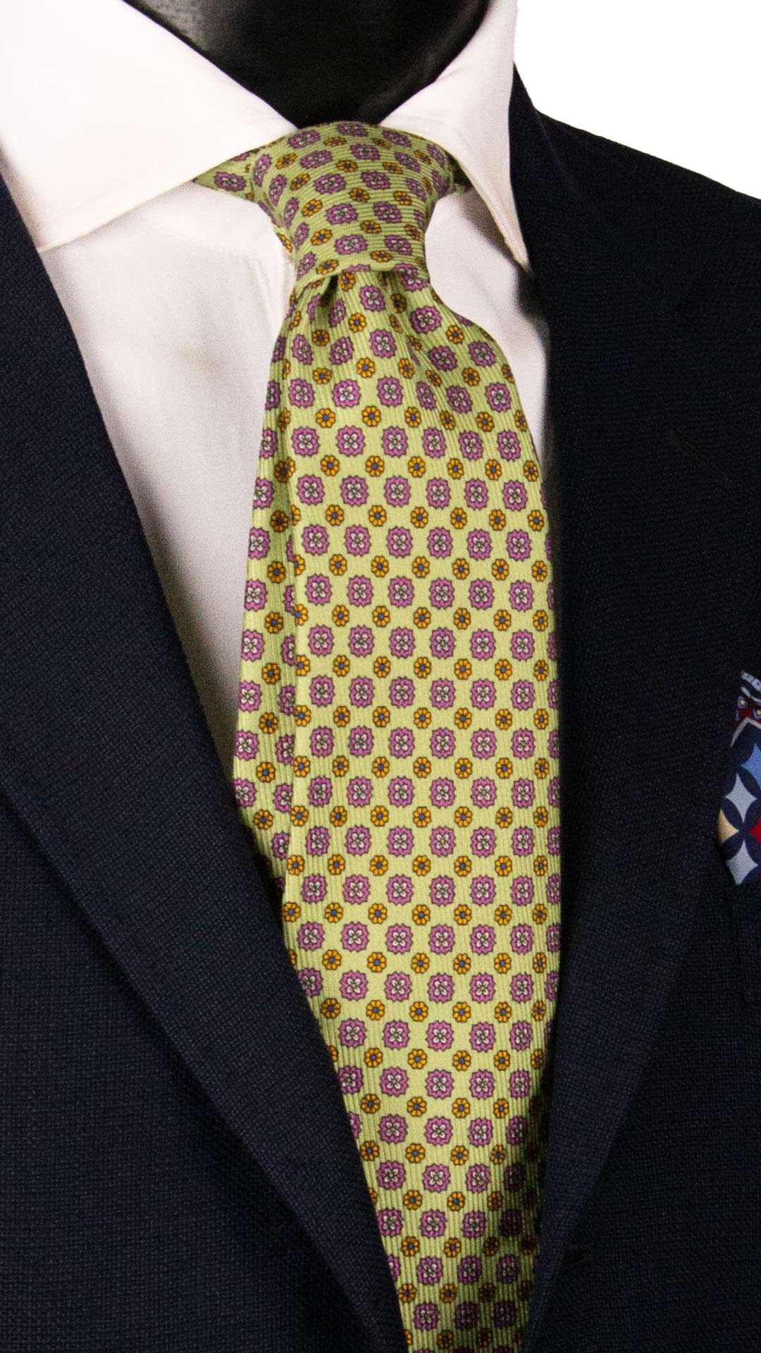 Cravatta in Saia di Seta Verde Chiaro a Fiori Glicine Gialli SA86 Pala Graffeo Cravatte Made in Italy