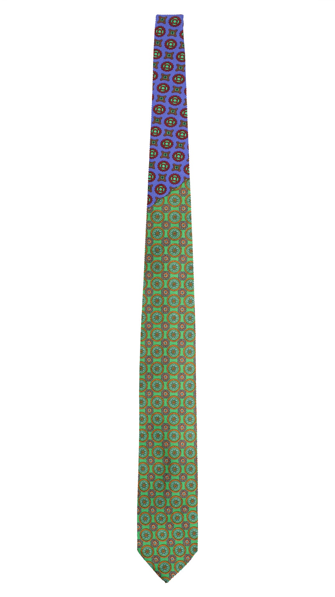 Cravatta in Saia di Seta Verde Fantasia Multicolor Nodo in Contrasto Viola Fantasia Multicolor N3446 Made in Italy Graffeo Cravatte Intera