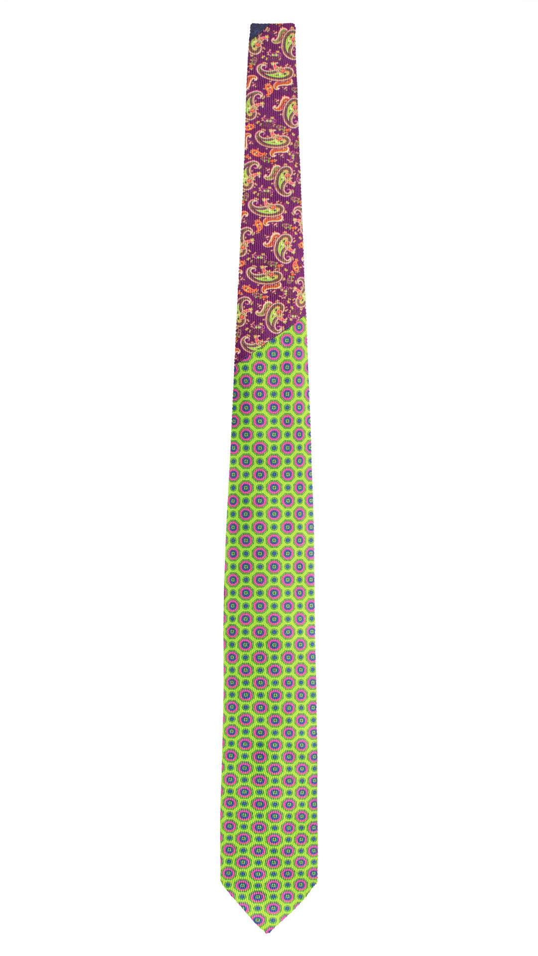 Cravatta in Saia di Seta Verde Fluo Fantasia Blu Fucsia Nodo in Contrasto Viola Paisley Multicolor N3451 Made in Italy Graffeo Cravatte Intera