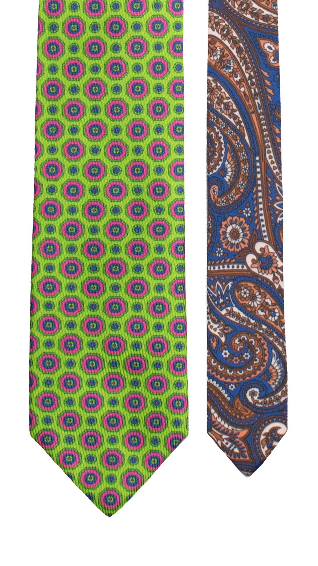 Cravatta in Saia di Seta Verde Fluo Fantasia Blu Fucsia Nodo in Contrasto Viola Paisley Multicolor N3451 Made in Italy Graffeo Cravatte Pala