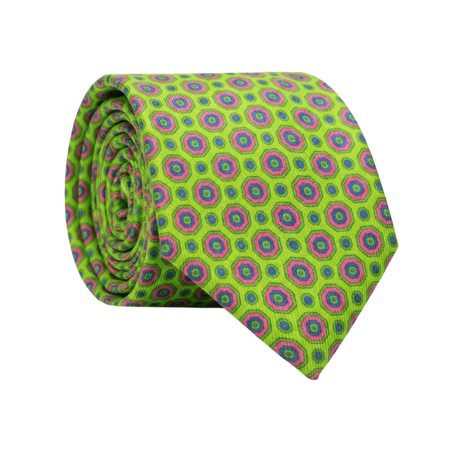 Cravatta in Saia di Seta Verde Fluo Fantasia Blu Fucsia SA78 Made in Italy Graffeo Cravatte Rotolo