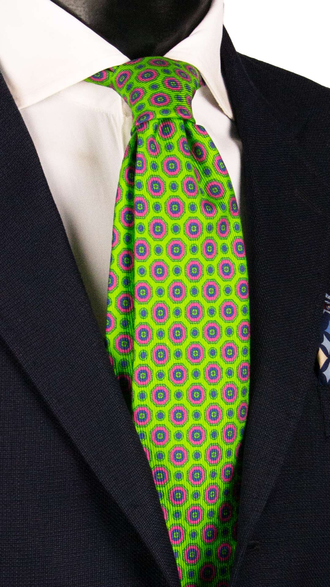 Cravatta in Saia di Seta Verde Fluo Fantasia Blu Fucsia SA78 Made in Italy Graffeo Cravatte