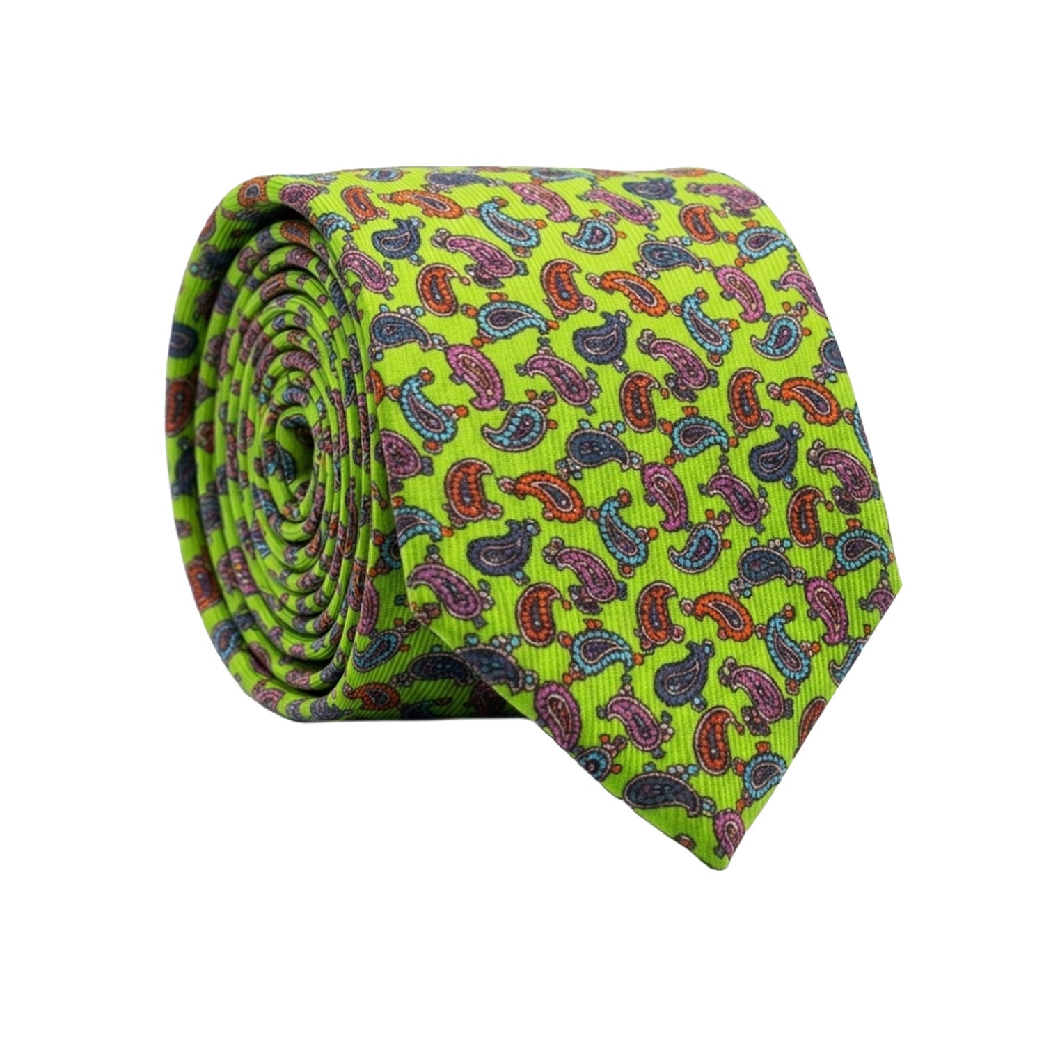 Cravatta in Saia di Seta Verde Fluo Paisley Multicolor SA32 Made in Italy Graffeo Cravatte Rotolo