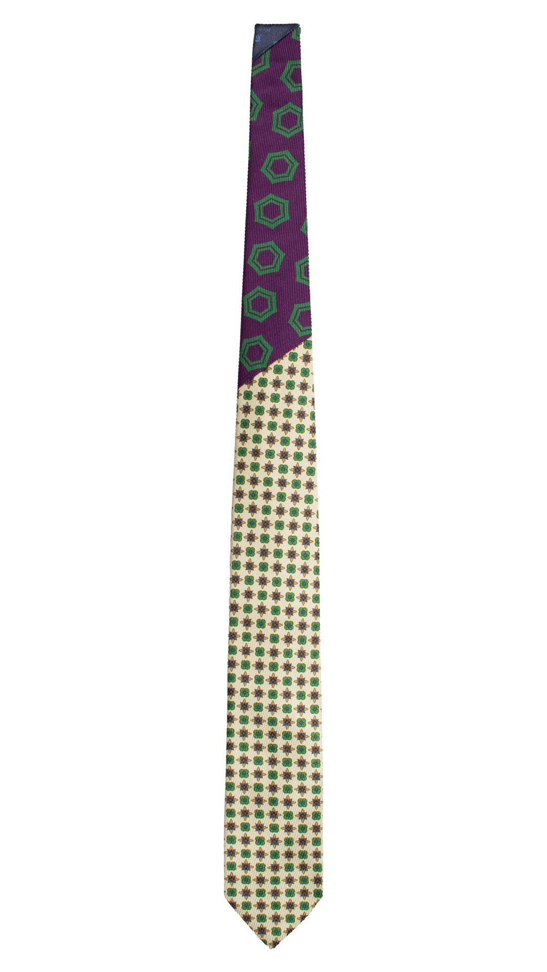 Cravatta in Saia di Seta Verde Mela FantasiaIndaco Verde Color Senape Nodo in Contrasto Viola Fantasia Verde N3450 Made in Italy Graffeo Cravatte Intera