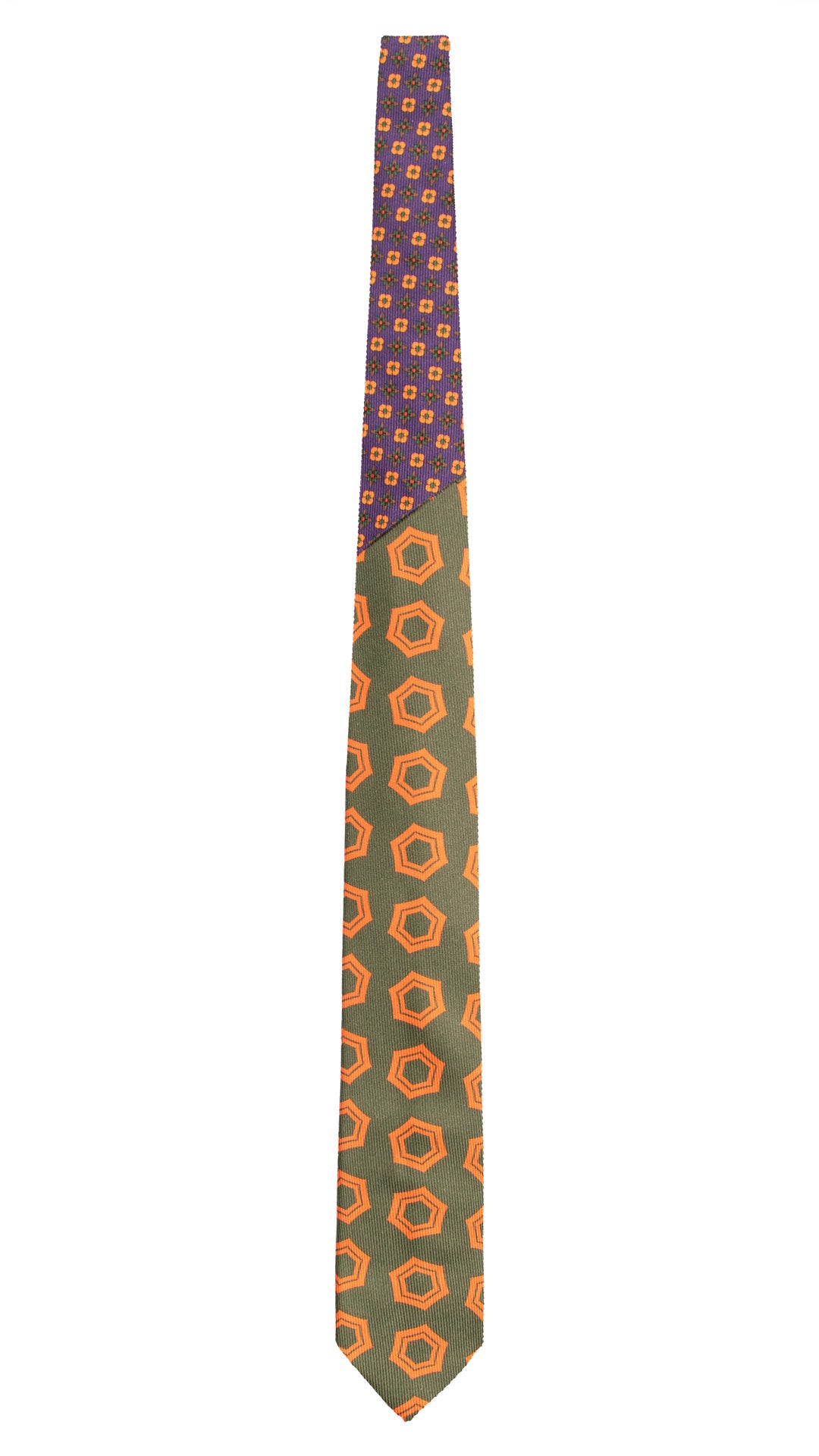 Cravatta in Saia di Seta Verde Oliva Fantasia Arancione Nodo in Contrasto Viola Fantasia Arancione Marrone Verde N3454 Made in Italy Graffeo Cravatte Intera