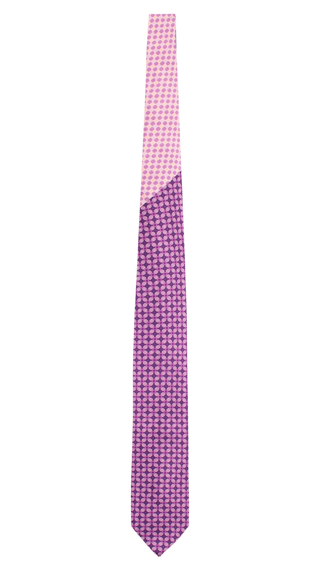 Cravatta in Saia di Seta Viola Fantasia Rosa Bianco Blu Nodo in Contrasto Rosa Fantasia Viola Celeste Giallo N3467 Made in Italy Graffeo Cravatte Intera