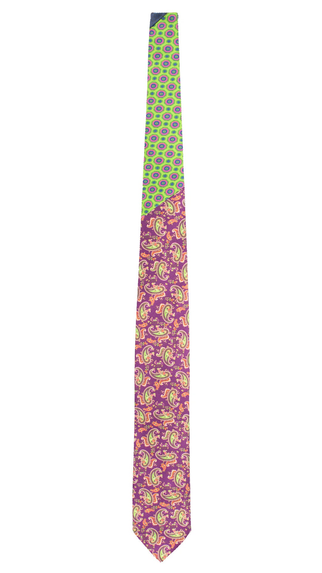 Cravatta in Saia di Seta Viola Paisley Multicolor Nodo in Contrasto Verde Fluo Fantasia Blu Fucsia N3482 Made in Italy Graffeo Cravatte Intera