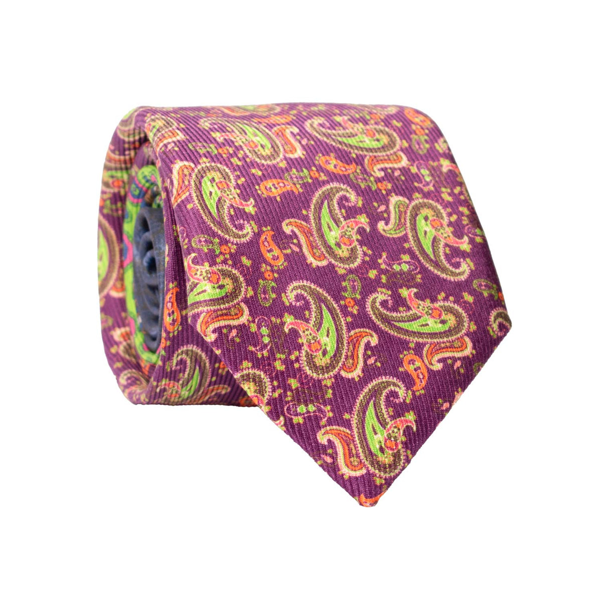 Cravatta in Saia di Seta Viola Paisley Multicolor Nodo in Contrasto Verde Fluo Fantasia Blu Fucsia N3482 Made in Italy Graffeo Cravatte Rotolo