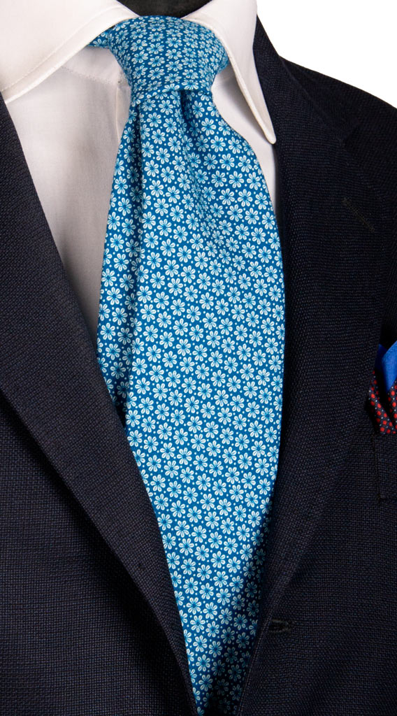 Cravatta in Seta Cotone Blu Petrolio a Fiori Bianchi Made in Italy Graffeo Cravatte