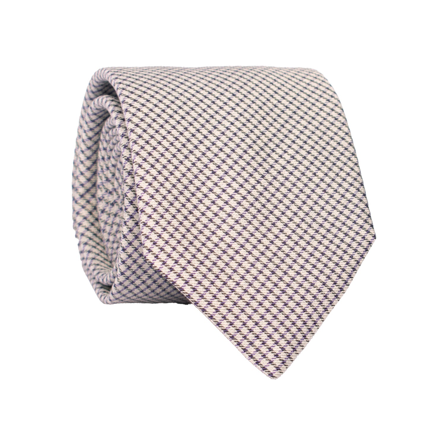 Cravatta in Seta Cotone Grigio Chiaro a Quadri Viola Nero 7498 Made in Italy Graffeo Cravatte Rotolo