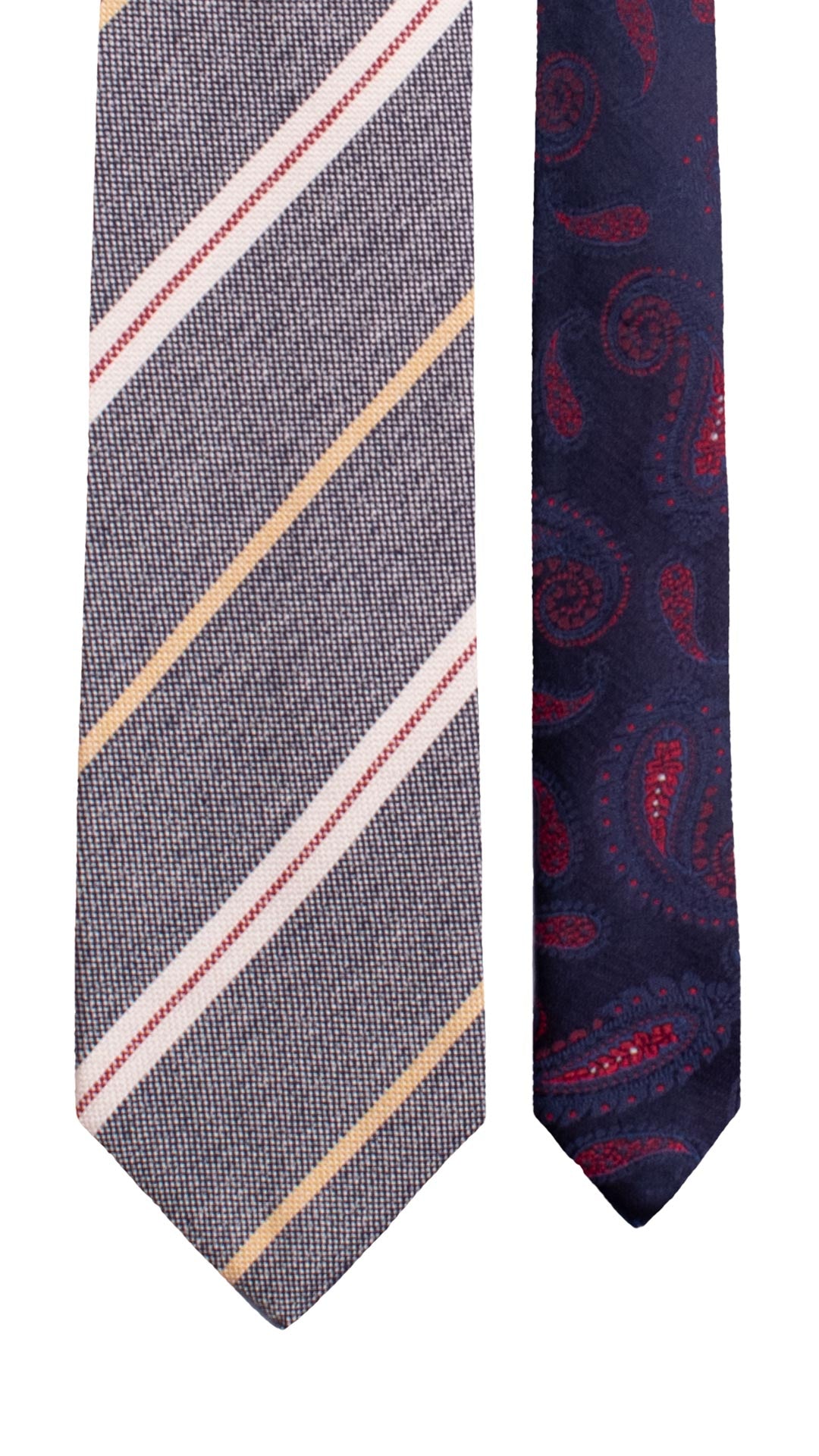 Cravatta in Seta Lino Blu con Righe Bianche Rosse Gialle Nodo in Contrasto Avorio Fantasia Tono su Tono Blu Arancione N3372 Graffeo Cravatte Made in Italy Pala