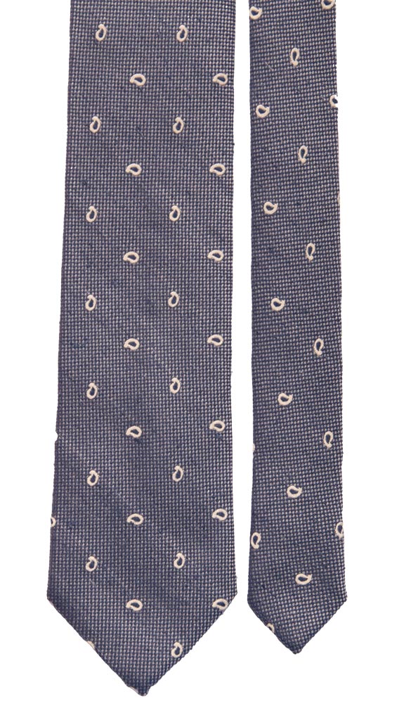 Cravatta in Seta Lino Celeste Effetto Tweed Paisley Bianco 6865 Pala