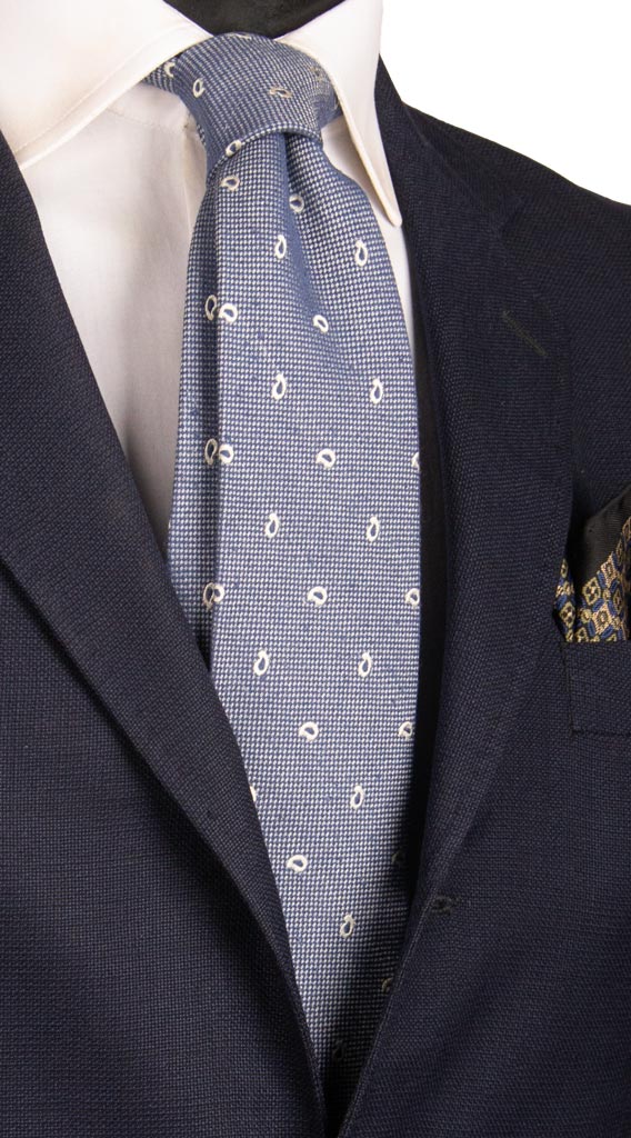 Cravatta in Seta Lino Celeste Effetto Tweed Paisley Bianco 6865 Made in Italy Graffeo Cravatte