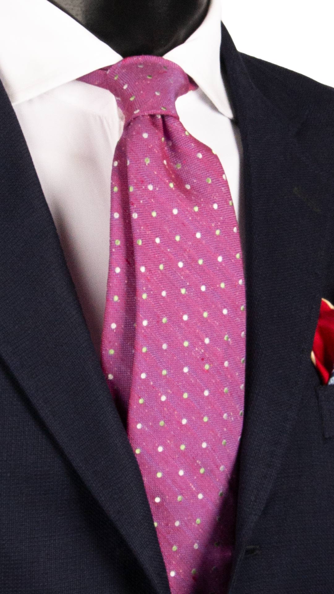 Cravatta in Seta Lino Fucsia a Pois Verdi Bianchi Effetto Tweed 7742 Made in Italy Graffeo Cravatte