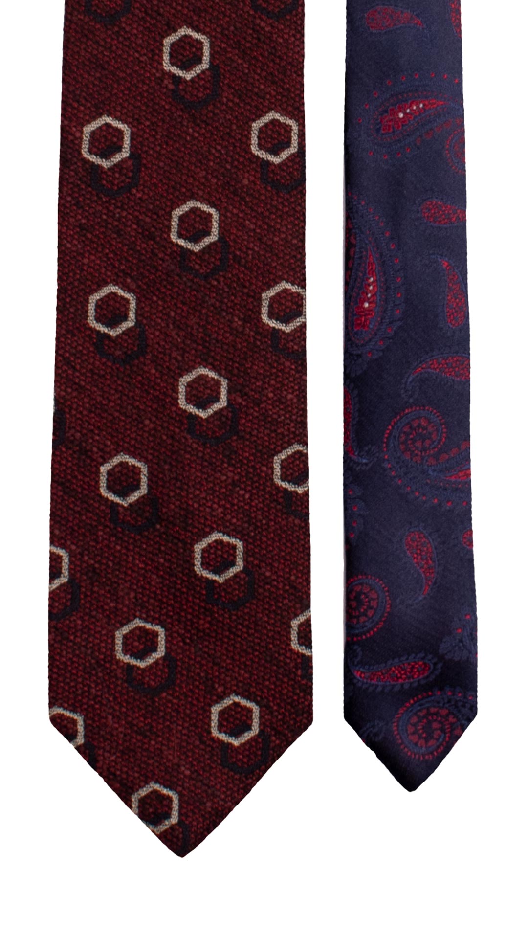 Cravatta in Seta Lino Rosso Bordeaux Fantasia Bianco Blu Notte Nodo in Contrasto Blu Notte Fantasia Bianco N3409 Made in Italy Graffeo Cravatte Pala