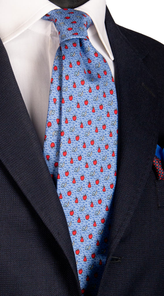 Cravatta in Twill di Seta Celeste con Animali Made in Italy Graffeo Cravatte