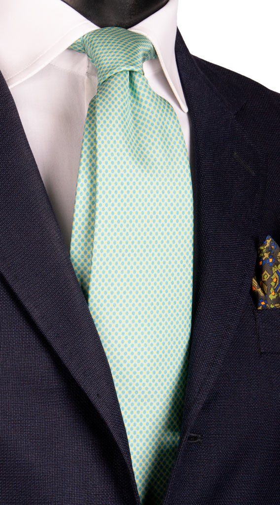 Cravatta in Twill di Seta Verde Acqua Fantasia Gialla Made in Italy Graffeo Cravatte