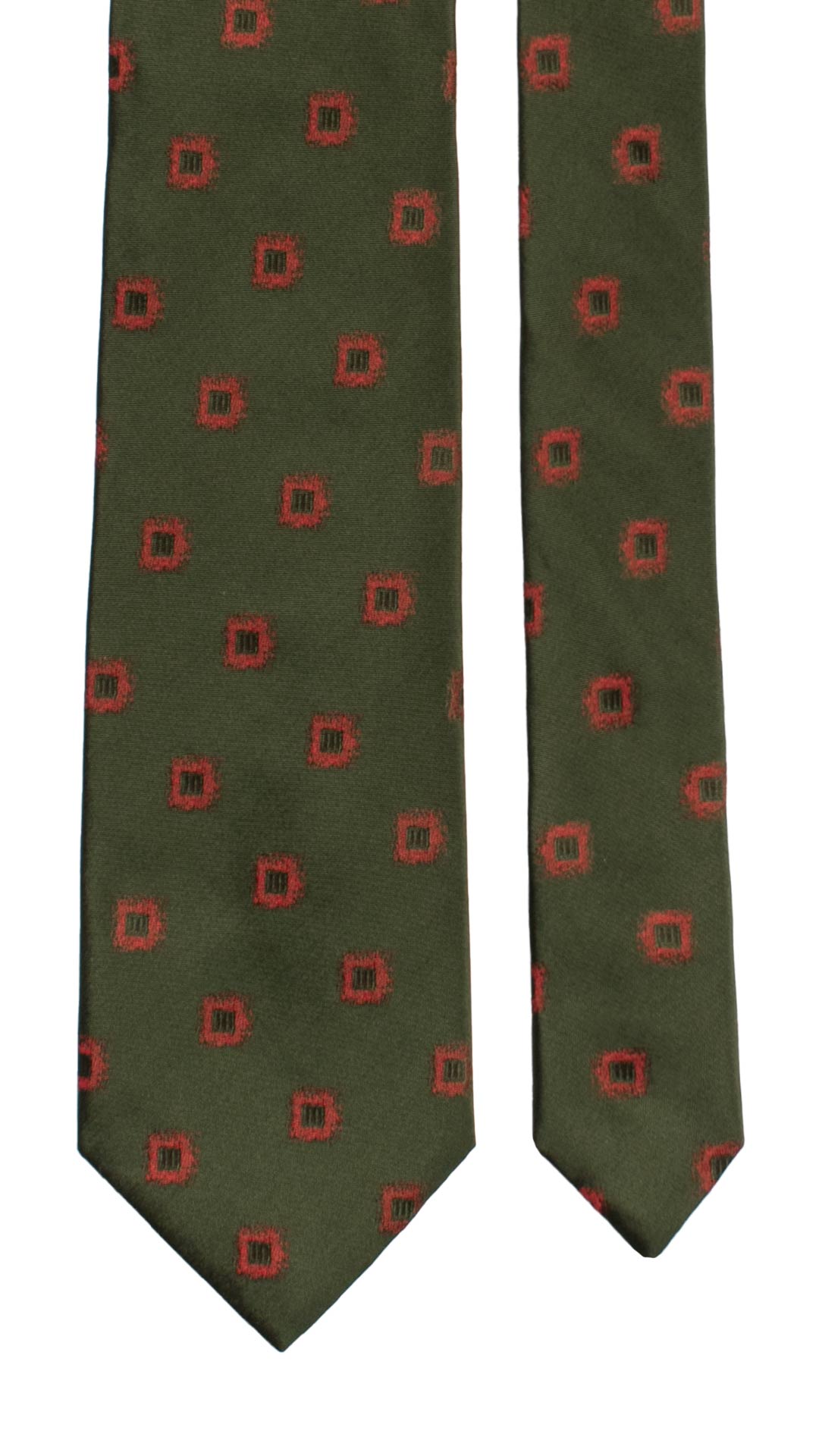 Cravatte di Seta Verde Oliva Scuro Fantasia Rosso Corallo 7394 Made in Italy Graffeo Cravatte Pala