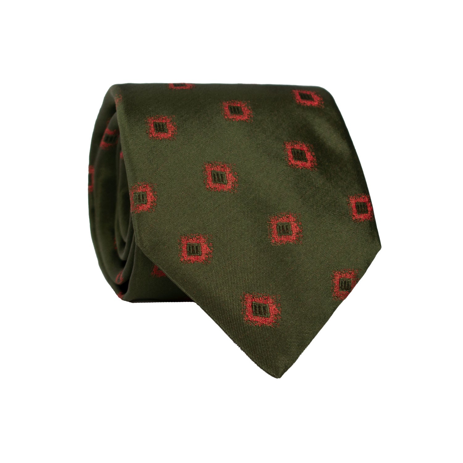 Cravatte di Seta Verde Oliva Scuro Fantasia Rosso Corallo 7394 Made in Italy Graffeo Cravatte Rotolo