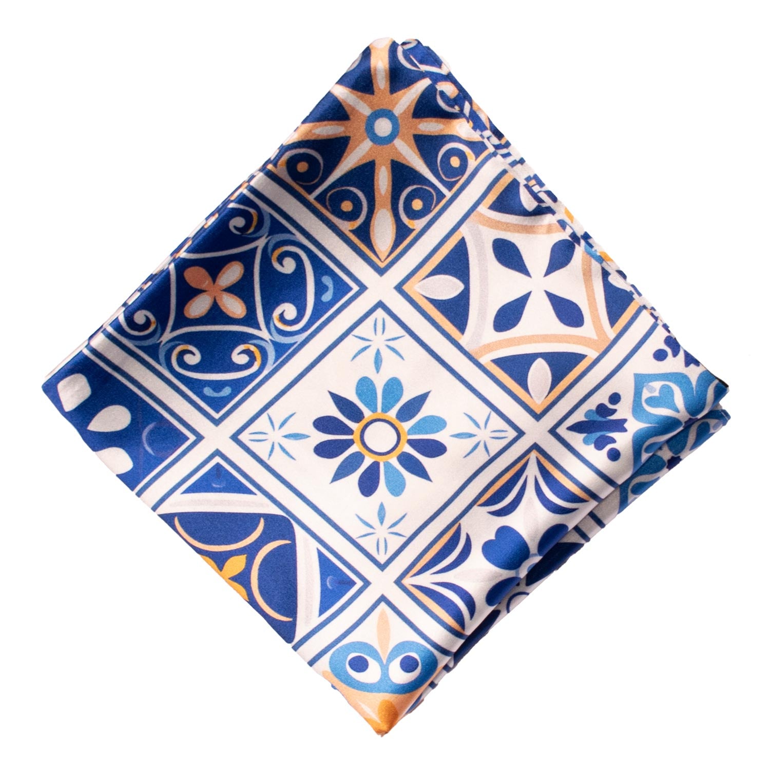 Fazzoletto da Taschino Siciliano Stampa di Raso Bianco con Maioliche Blu Arancione Celeste POCS17 Made in Italy Graffeo Cravatte Rombo