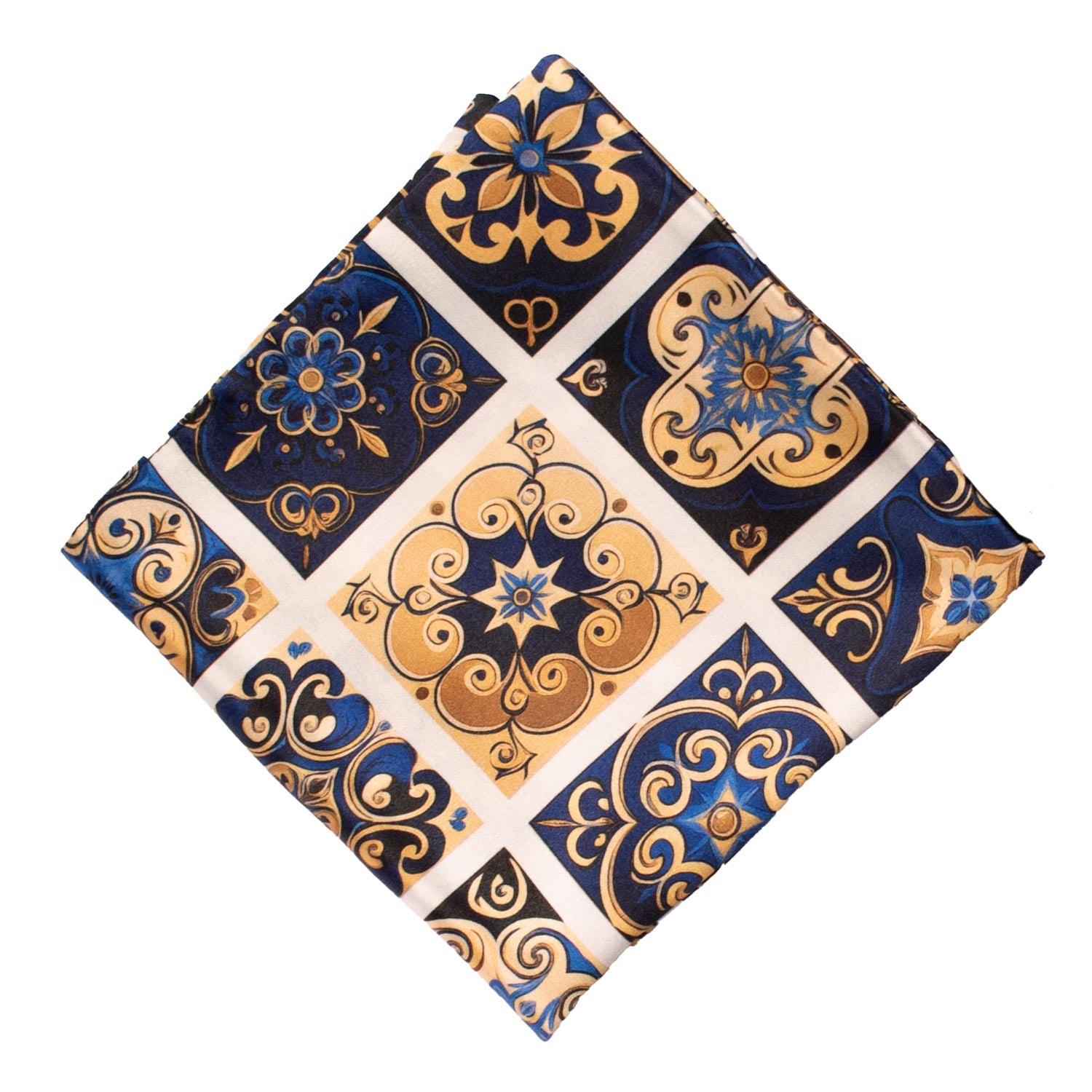 Fazzoletto da Taschino Siciliano Stampa di Raso con Maioliche Giallo Oro Blu Bluette POCS14 Made in Italy Graffeo Cravatte Rombo