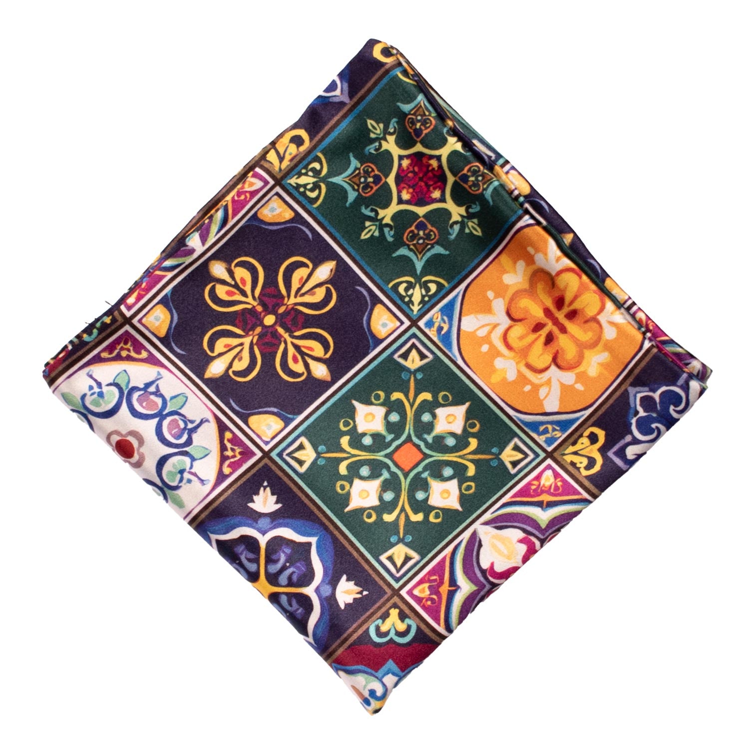 Fazzoletto da Taschino Siciliano Stampa di Raso con Maioliche Multicolor POCS11 Made in Italy Graffeo Cravatte Rombo