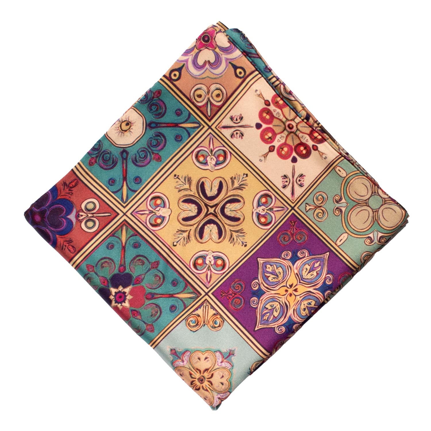 Fazzoletto da Taschino Siciliano Stampa di Raso con Maioliche Multicolor POCS13 Made in Italy Graffeo Cravatte Rombo