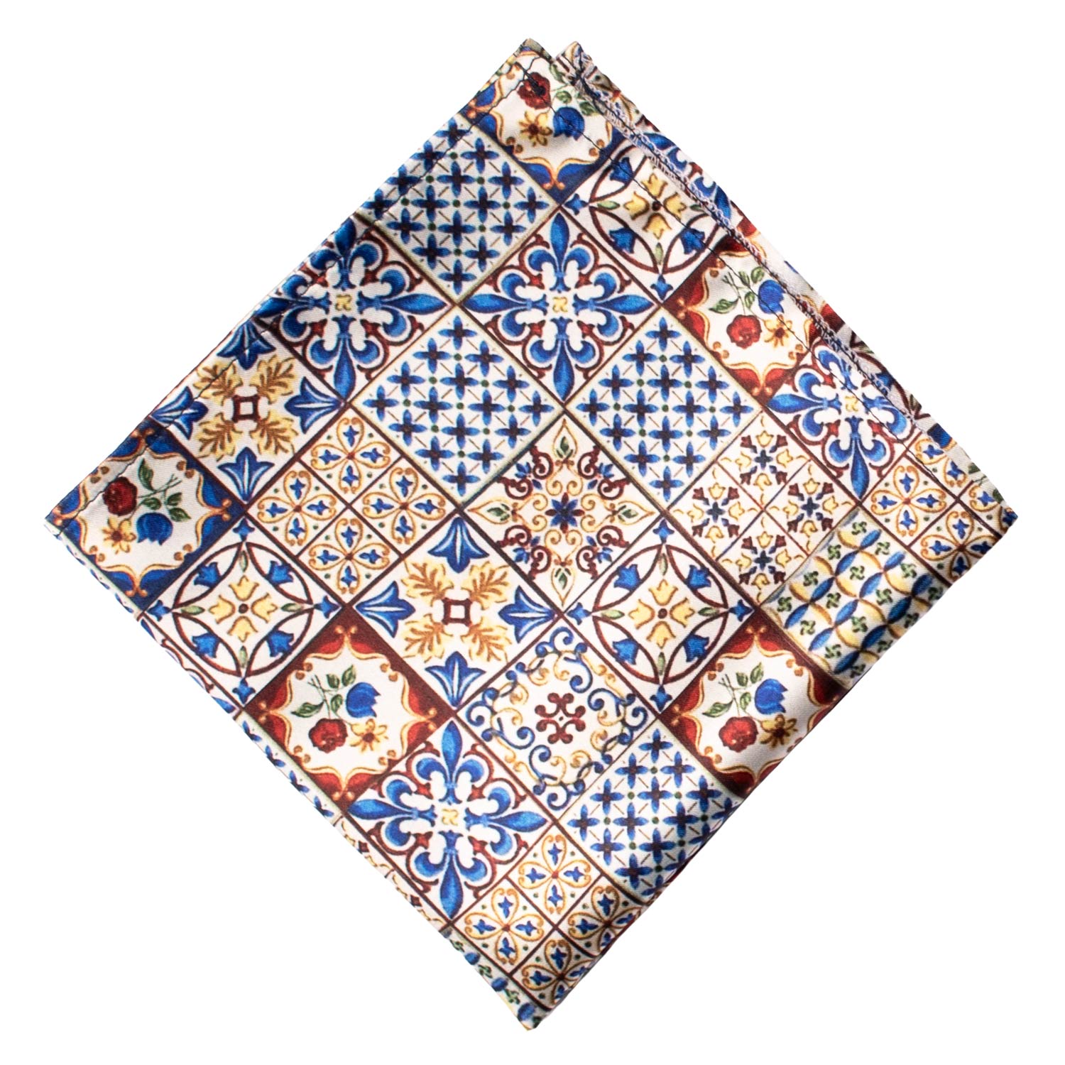 Fazzoletto da Taschino Siciliano Stampa di Raso con Maioliche Multicolor POCS6 Made in Italy Graffeo Cravatte Rombo