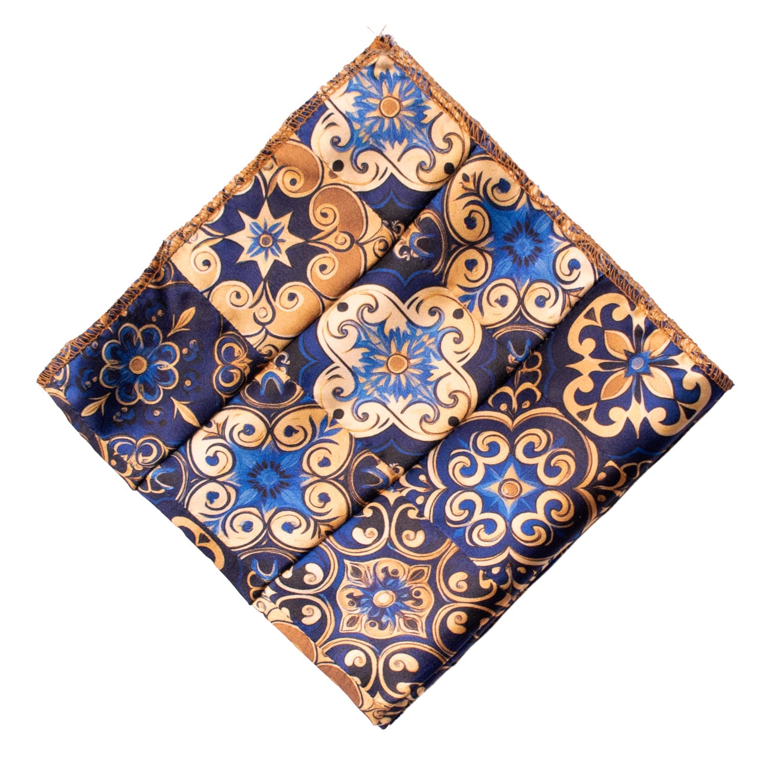 Fazzoletto da Taschino Siciliano di Seta Vintage Patchwork con Maioliche Giallo Oro Blu Bluette POCP125 Made in Italy Graffeo Cravatte Rombo