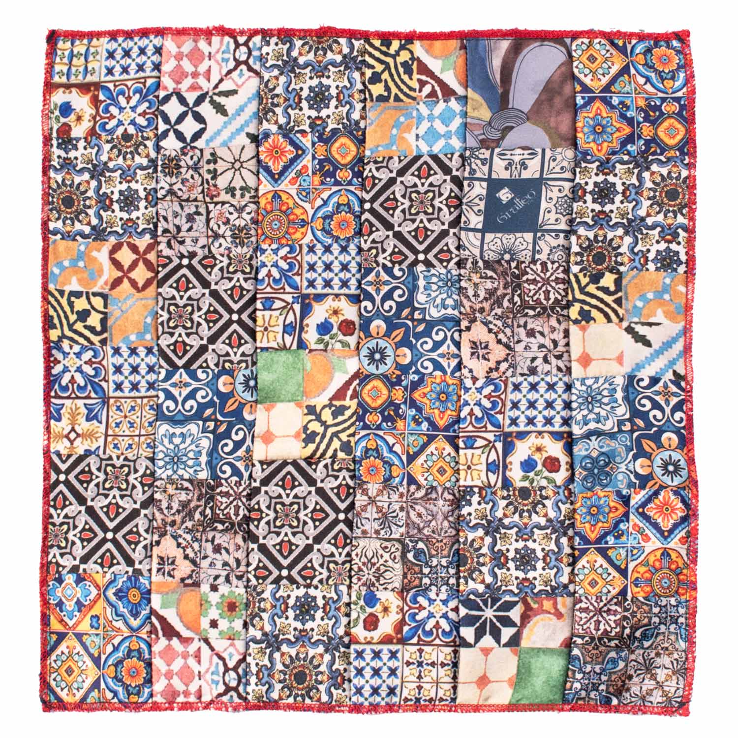 Fazzoletto da Taschino Siciliano di Seta Vintage Patchwork con Maioliche Multicolor POCP119 Made in Italy Graffeo Cravatte