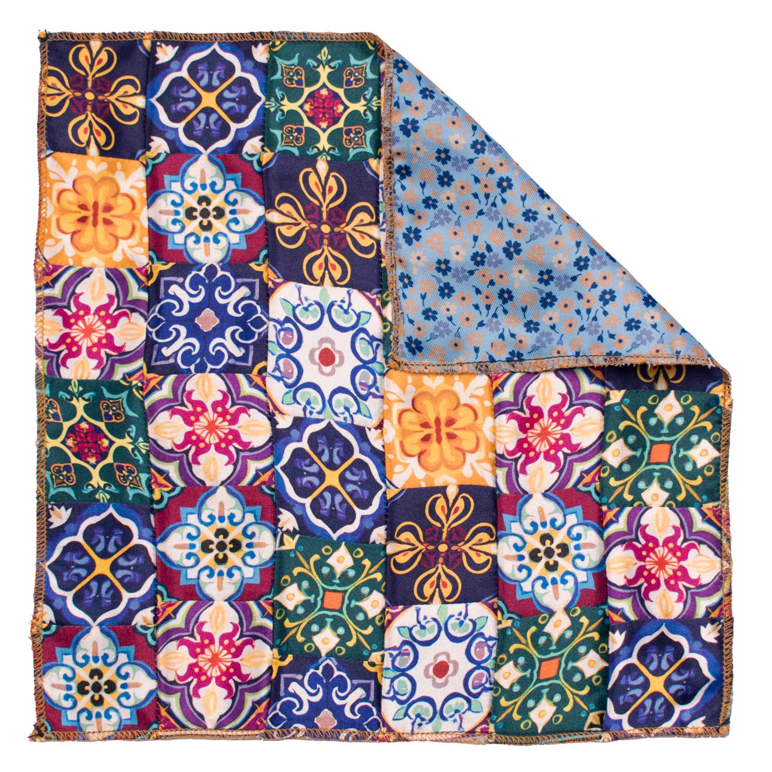 Fazzoletto da Taschino Siciliano di Seta Vintage Patchwork con Maioliche Multicolor POCP120 Made in Italy Graffeo Cravatte Retro