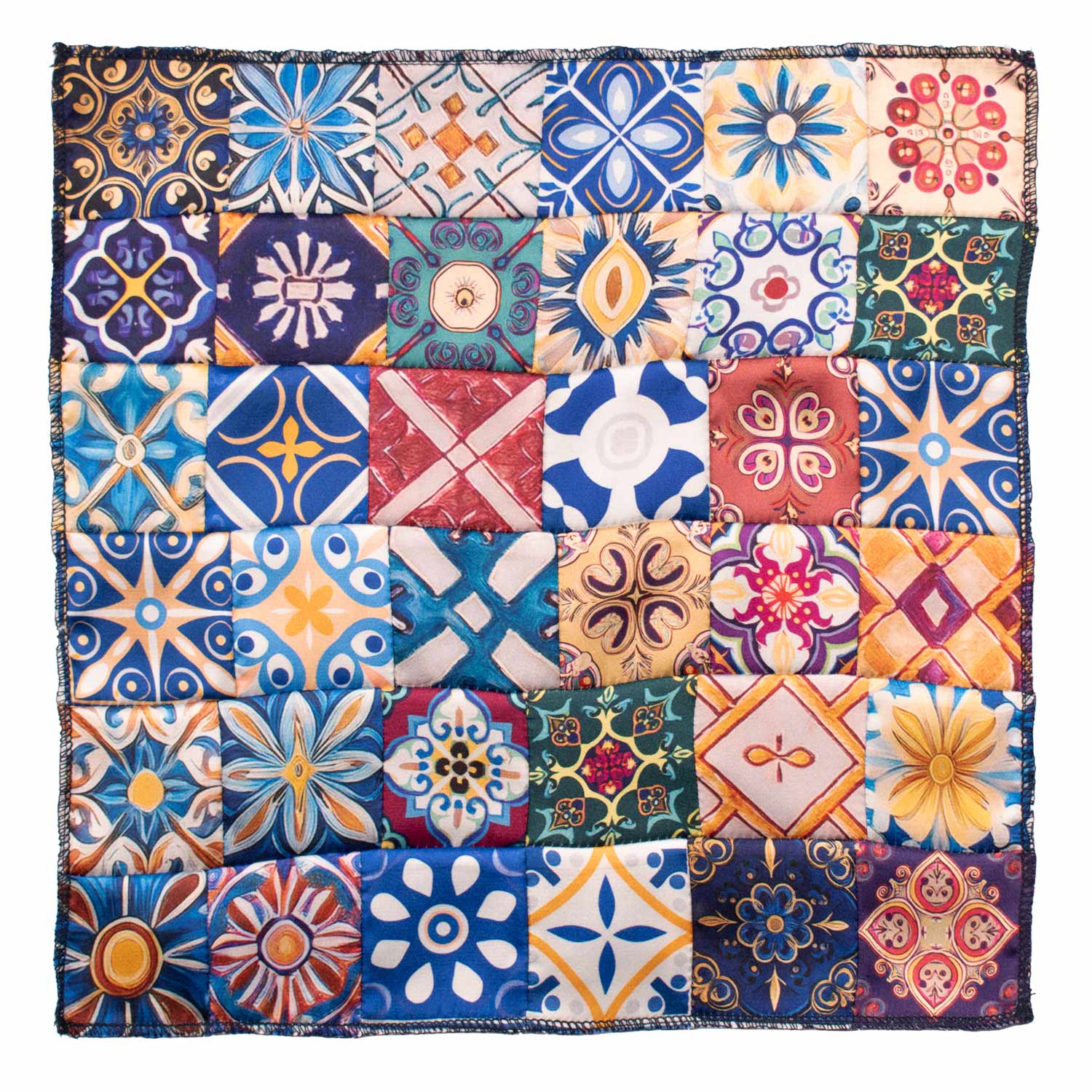 Fazzoletto da Taschino Siciliano di Seta Vintage Patchwork con Maioliche Multicolor POCP121 Made in Italy Graffeo Cravatte