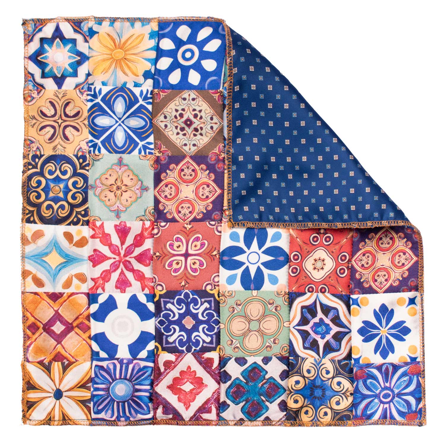 Fazzoletto da Taschino Siciliano di Seta Vintage Patchwork con Maioliche Multicolor POCP122 Made in Italy Graffeo Cravatte Retro