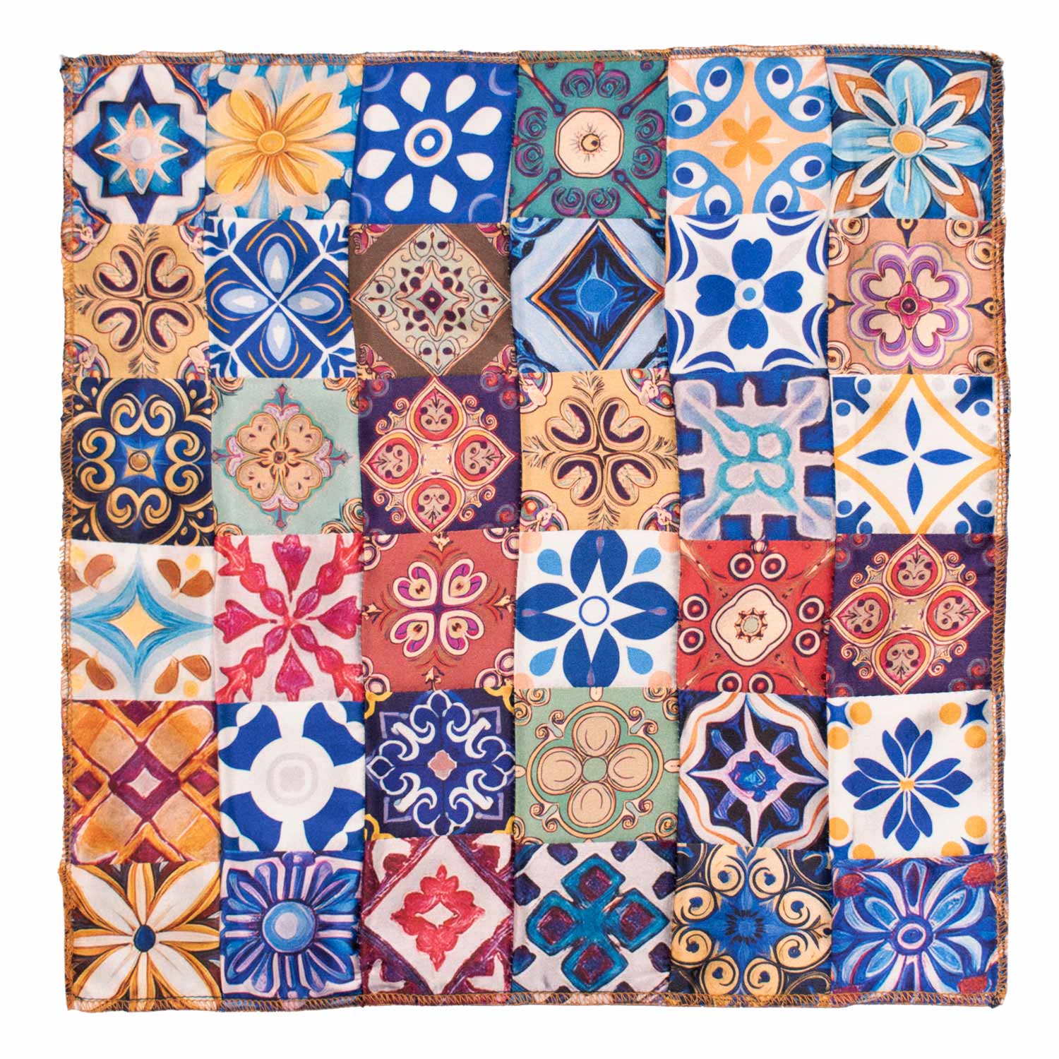 Fazzoletto da Taschino Siciliano di Seta Vintage Patchwork con Maioliche Multicolor POCP122 Made in Italy Graffeo Cravatte