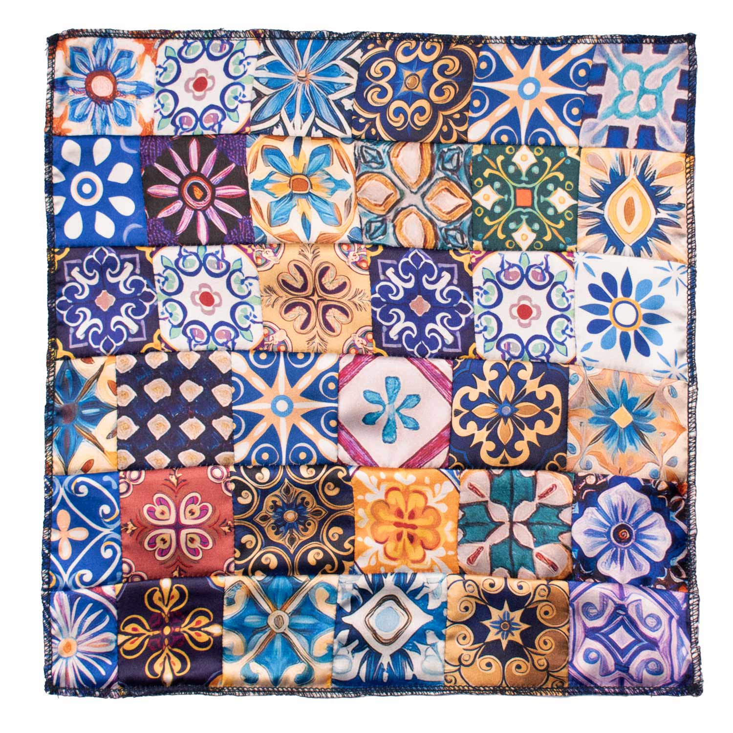 Fazzoletto da Taschino Siciliano di Seta Vintage Patchwork con Maioliche Multicolor POCP123 Made in Italy Graffeo Cravatte