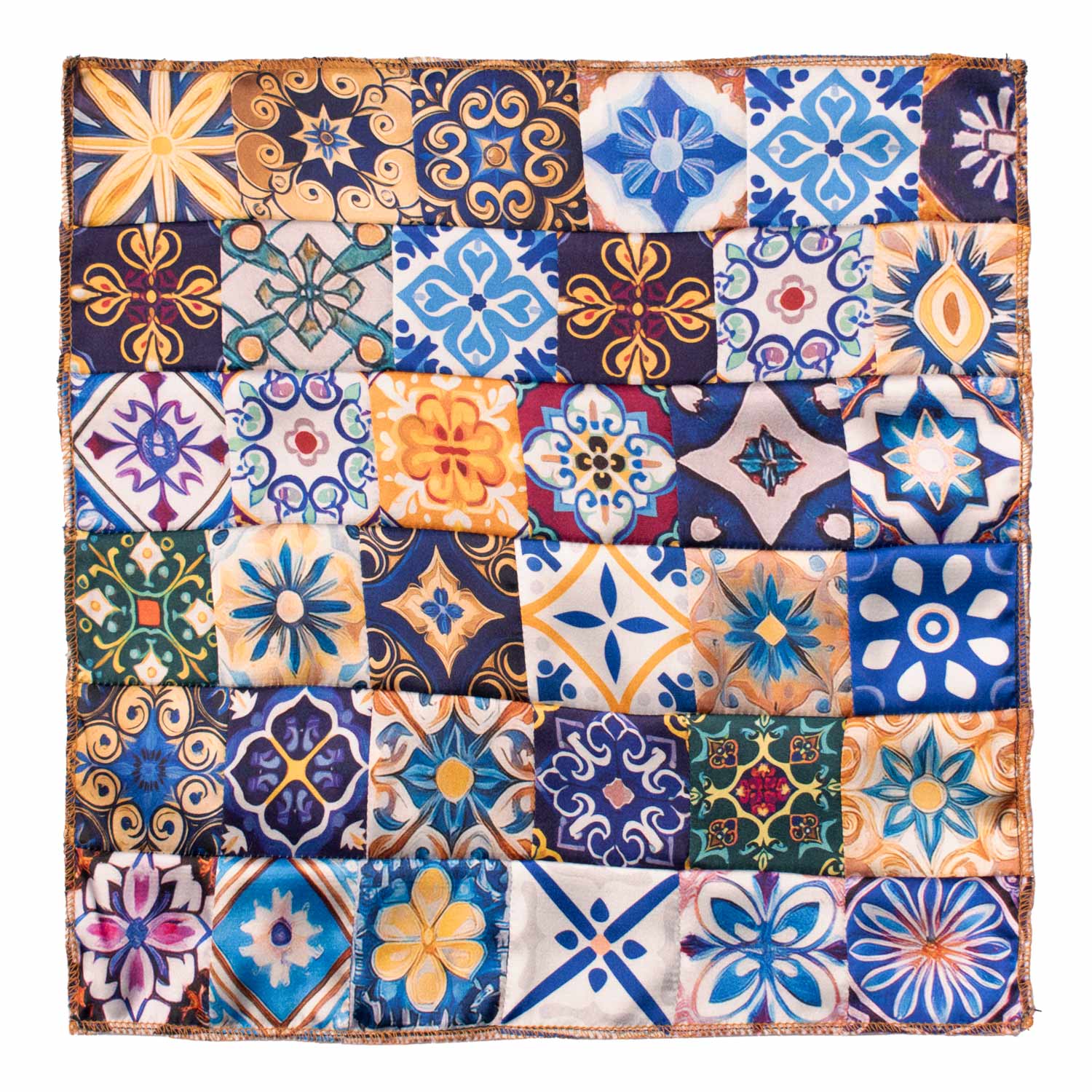 Fazzoletto da Taschino Siciliano di Seta Vintage Patchwork con Maioliche Multicolor POCP124 Made in Italy Graffeo Cravatte