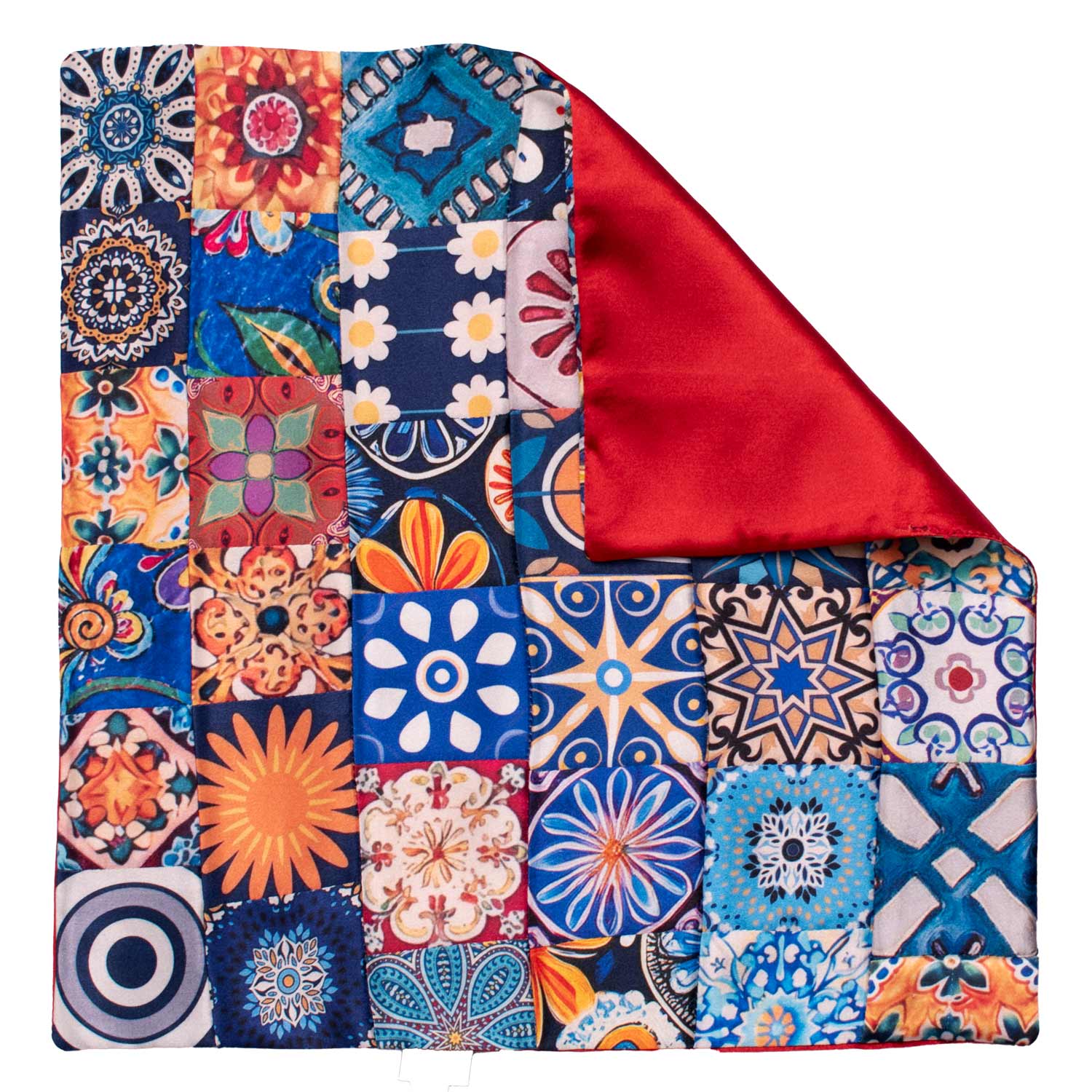 Fazzoletto da Taschino Siciliano di Seta Vintage Patchwork con Maioliche Multicolor POCP130 Made in Italy Graffeo Cravatte Retro