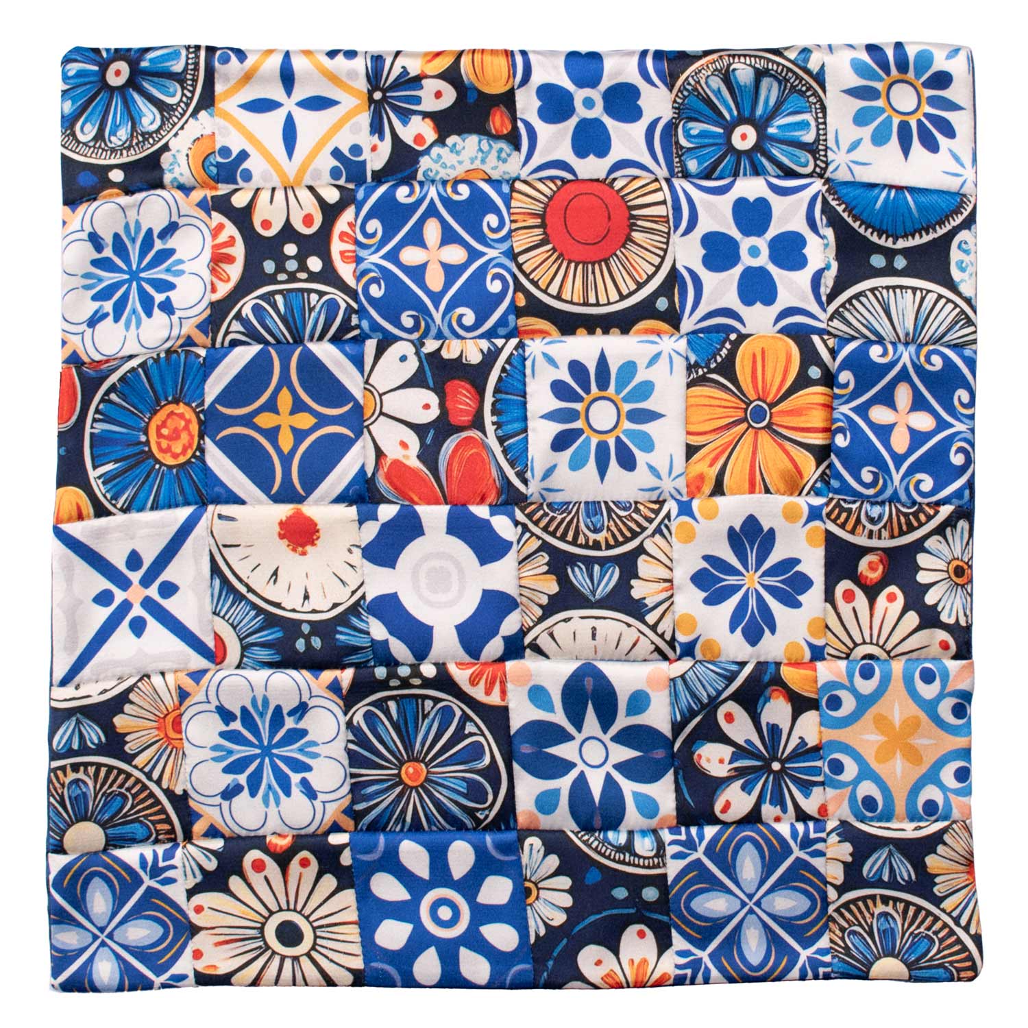 Fazzoletto da Taschino Siciliano di Seta Vintage Patchwork con Maioliche Multicolor POCP133 Made in Italy Graffeo Cravatte