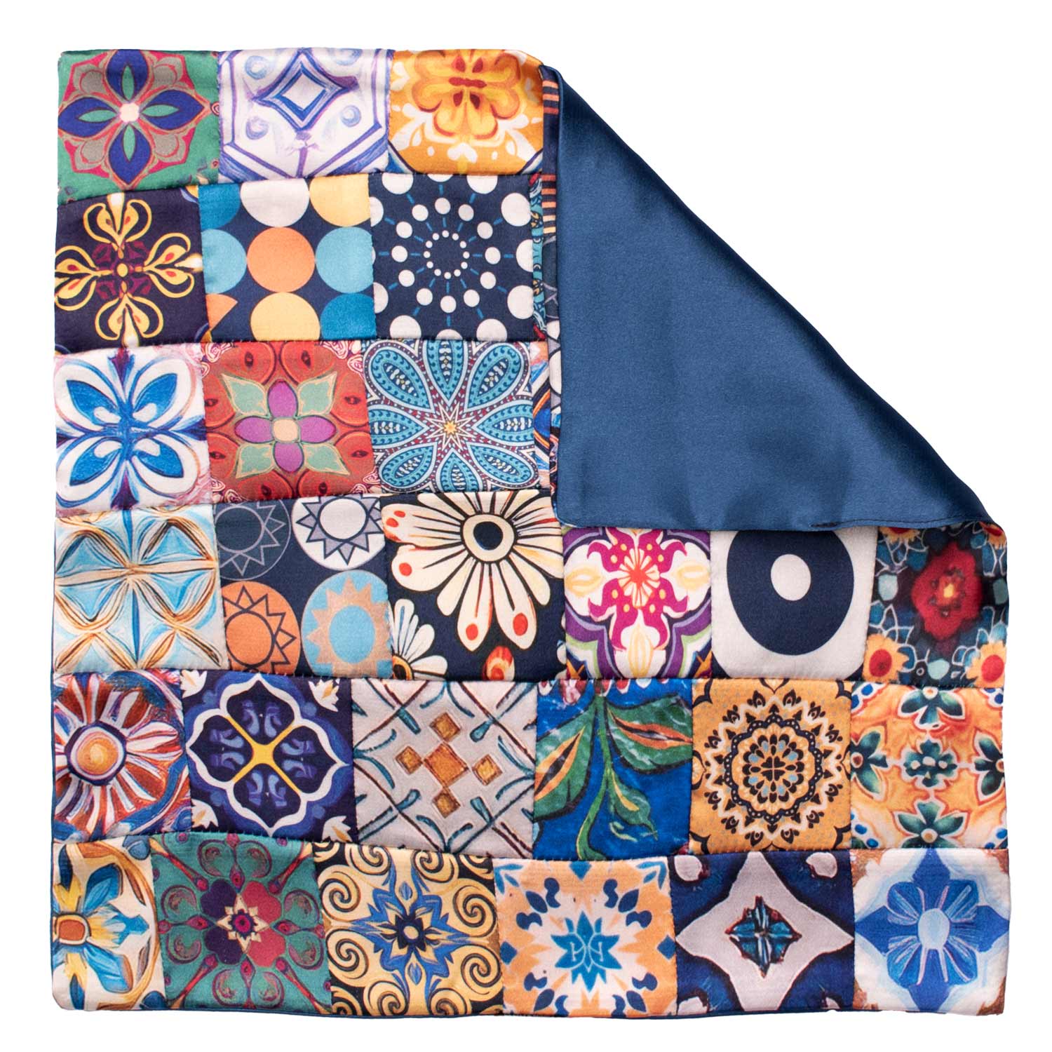 Fazzoletto da Taschino Siciliano di Seta Vintage Patchwork con Maioliche Multicolor POCP136 Made in Italy Graffeo Cravatte Retro