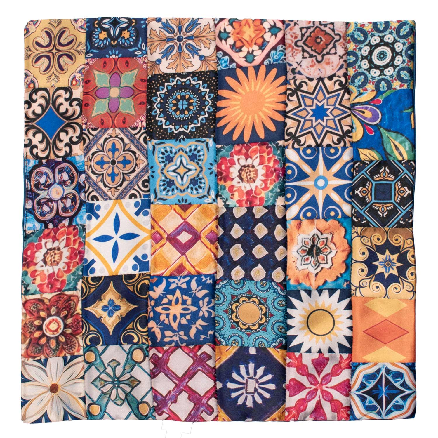 Fazzoletto da Taschino Siciliano di Seta Vintage Patchwork con Maioliche Multicolor POCP140 Made in Italy Graffeo Cravatte