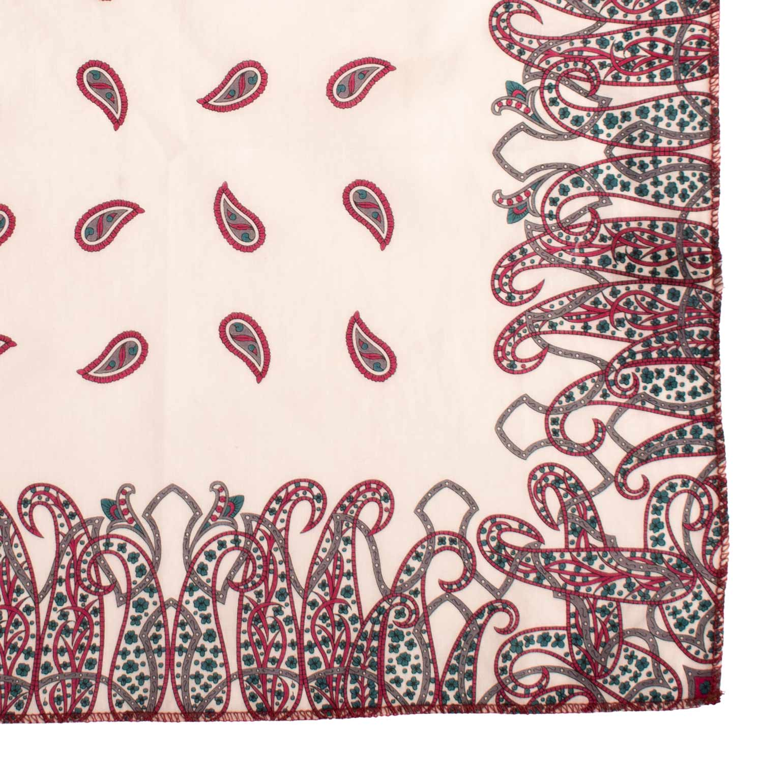 Fazzoletto da Taschino Vintage di Cotone Bianco Sporco Paisley Magenta Grigio Verde POCV1075 Made in Italy Graffeo Cravatte Dettaglio